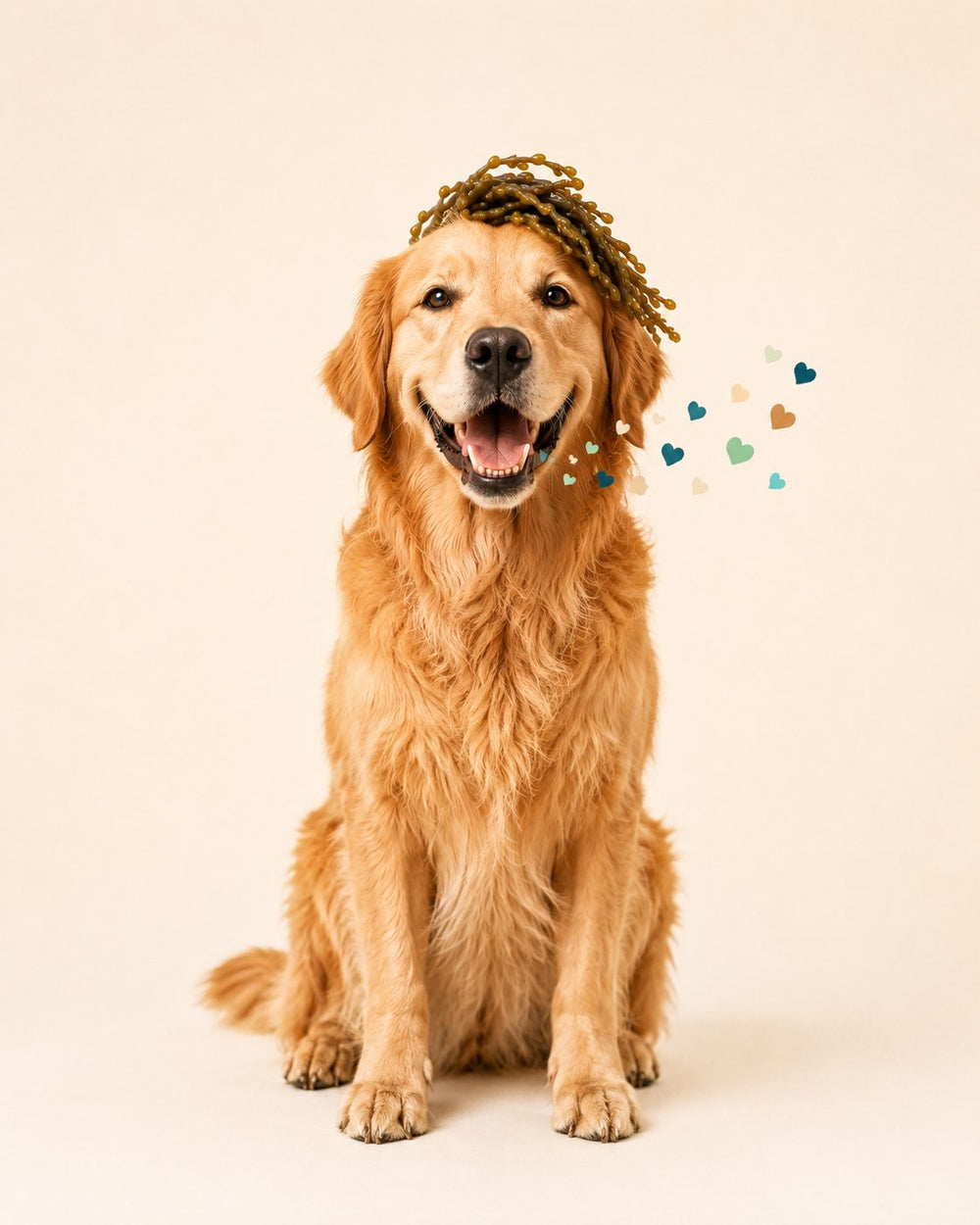 Golden retriever souriant avec une couronne d'algues brunes