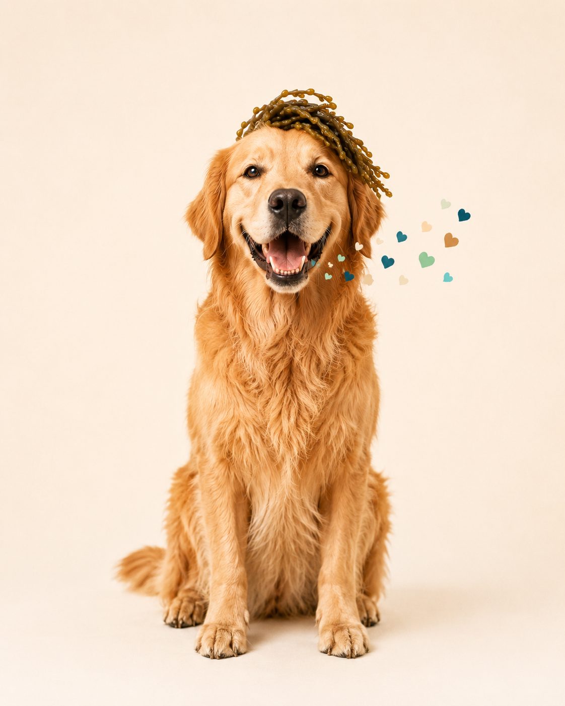 Golden retriever souriant avec une couronne d'algues brunes