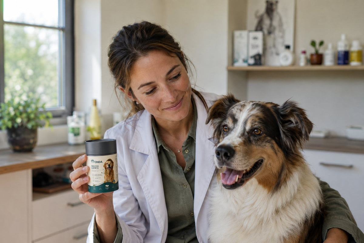 Onda Haleine & Dents — le pot présenté par une vétérinaire avec un chien